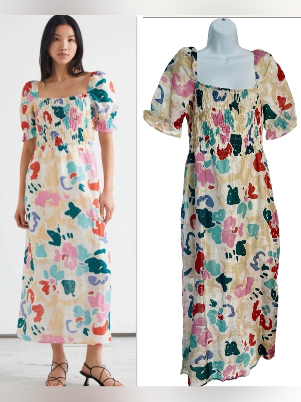 & Other Stories linen midi sundress abstract smocked shirred art print NWT US 12